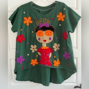 Mexican Embroidered Girl Doll Frida Kahlo Shirt Quirky Artsy Folk Art Plus Size